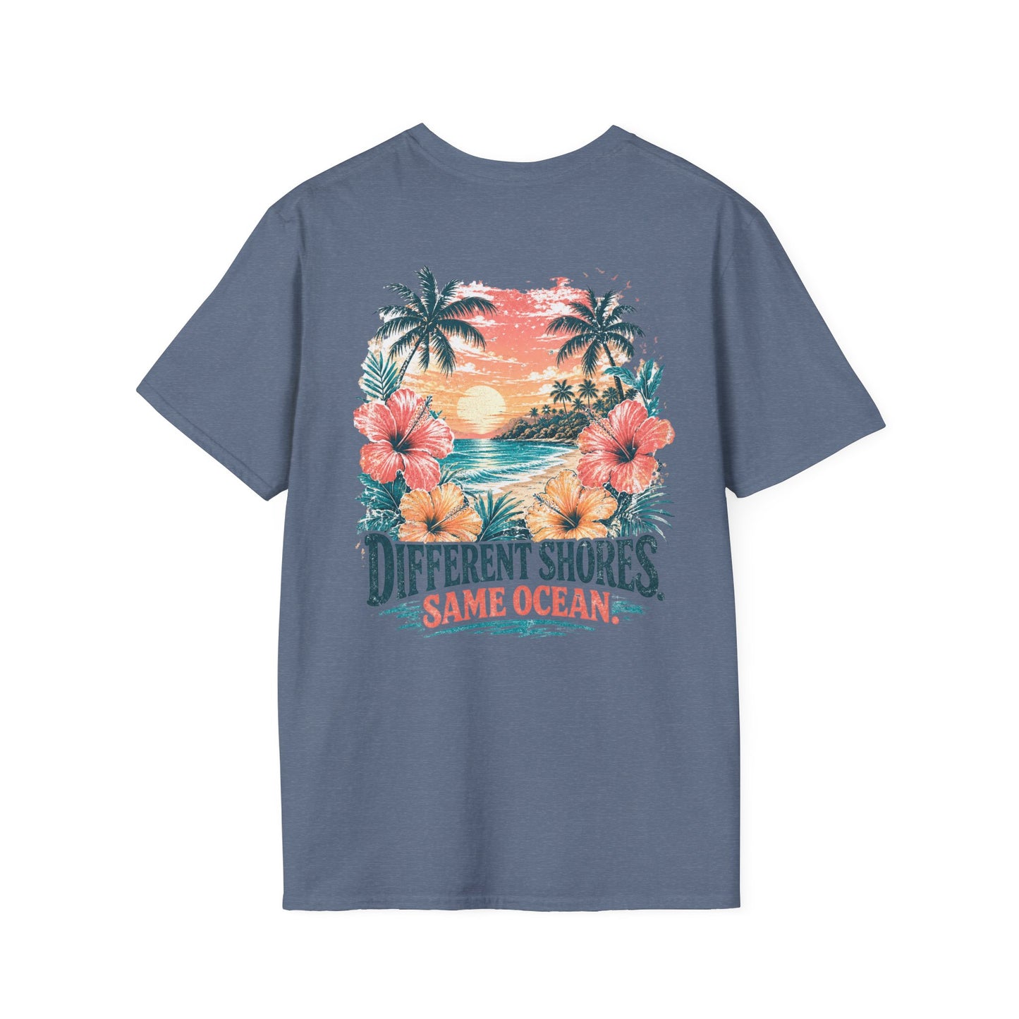 "Different Shores, Same Ocean" Hibiscus Flower Beach Sunset Graphic T-Shirt