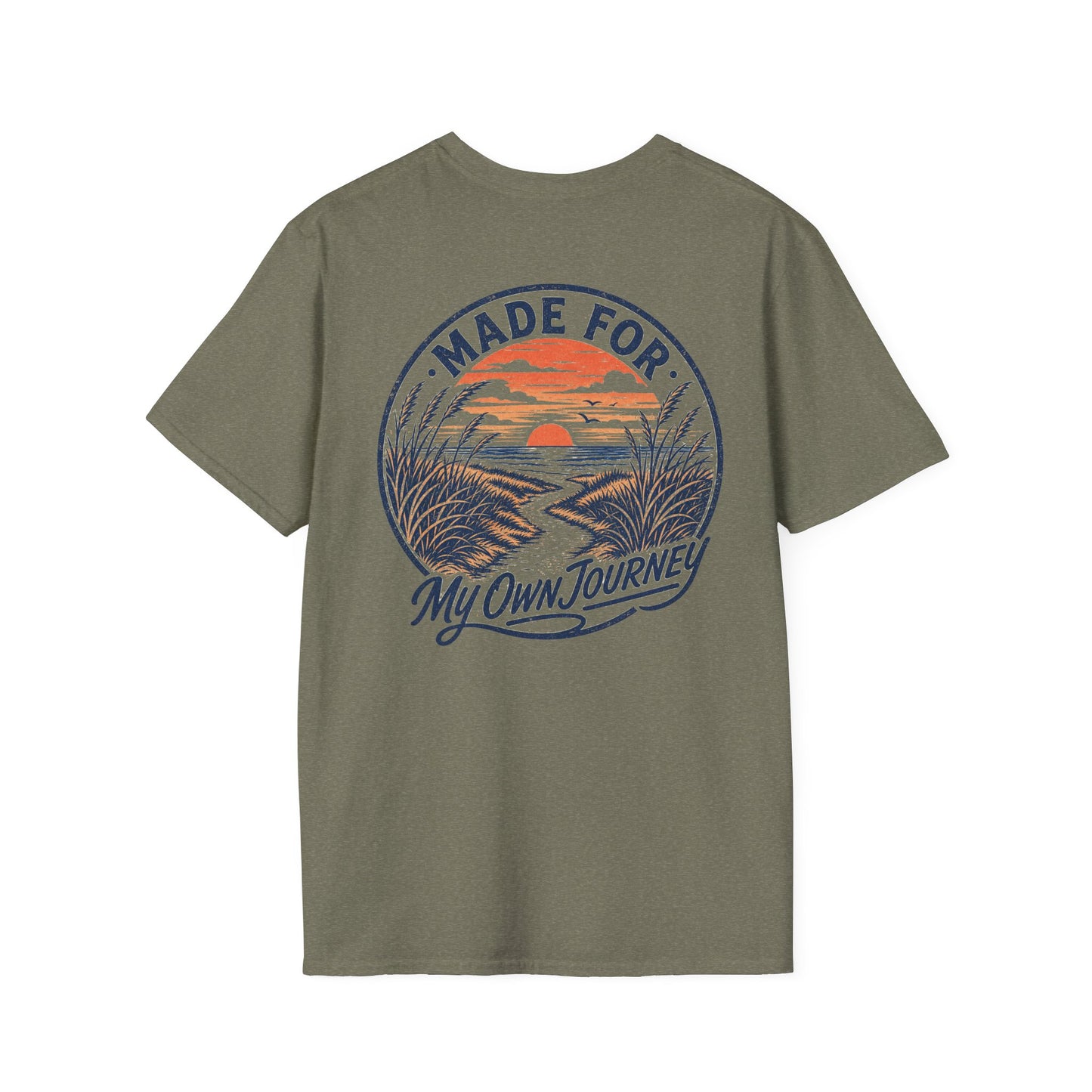 "Made For My Own Journey" beach path leading toward sunset, vintage surf poster style