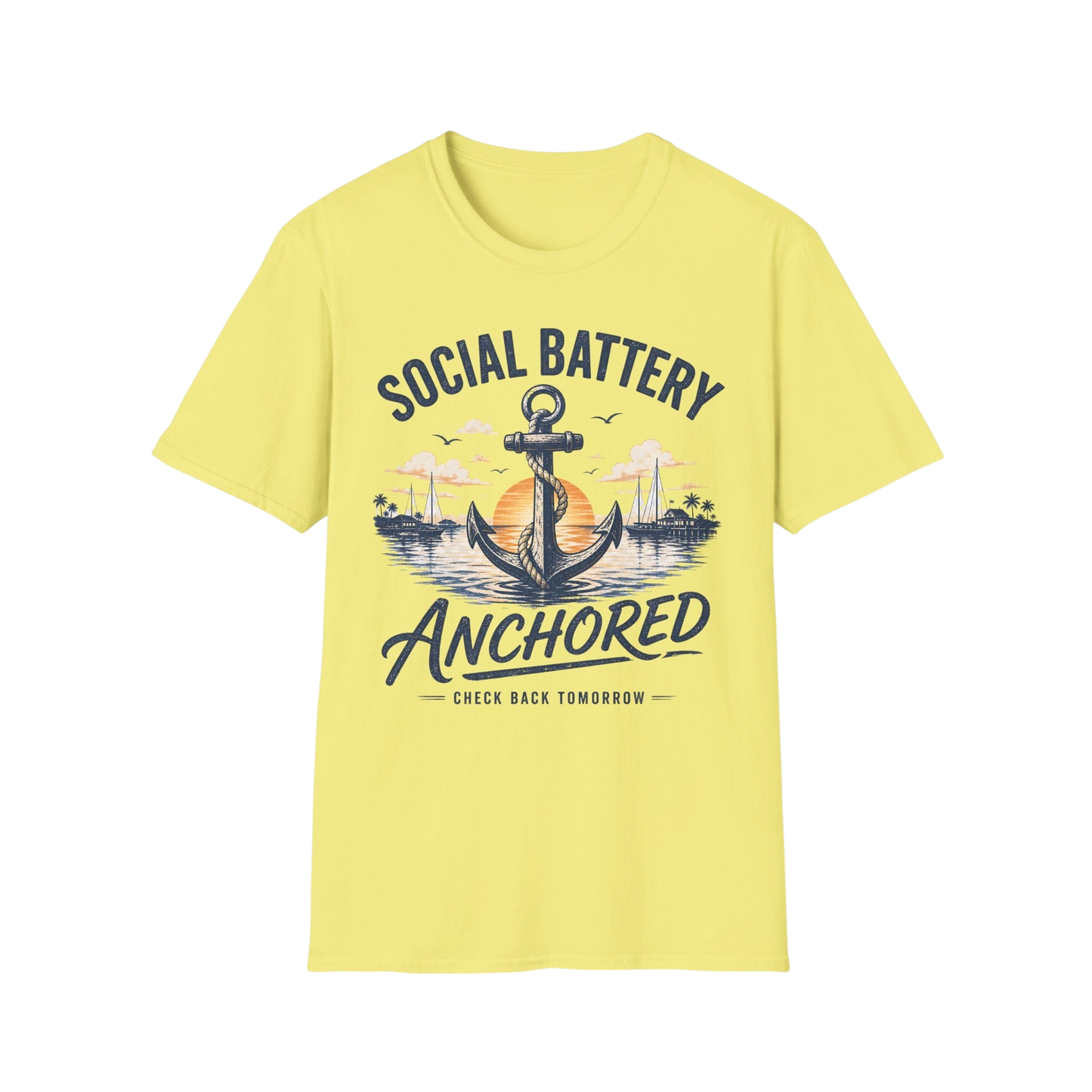 Social Battery Anchored T‑Shirt — Nautical Anchor Retro Sunset Tee