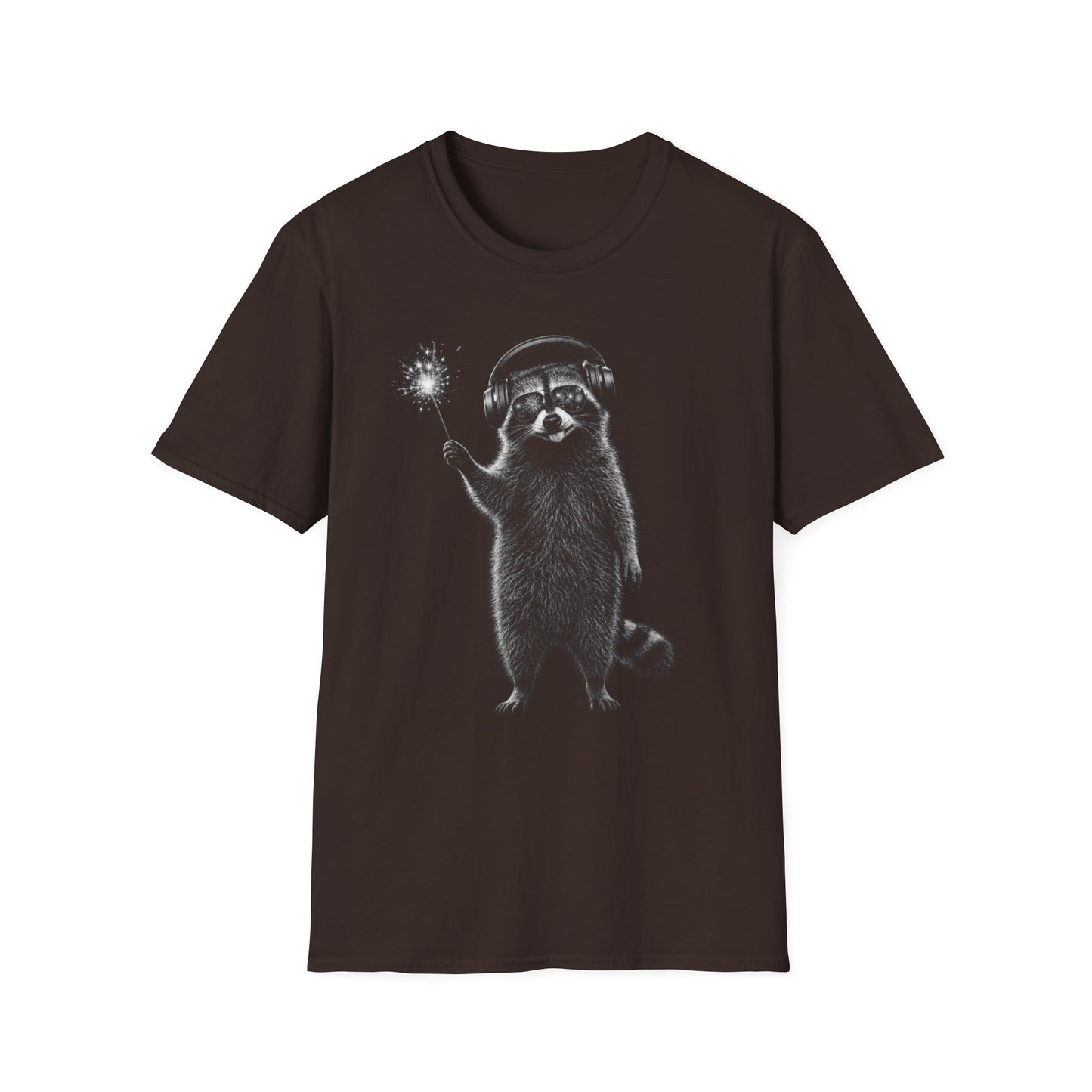 Raccoon with July 4th Sparkler Graphic T-Shirt — Cute Active Noise Canceling (ANC) headphones Raccoon Tee