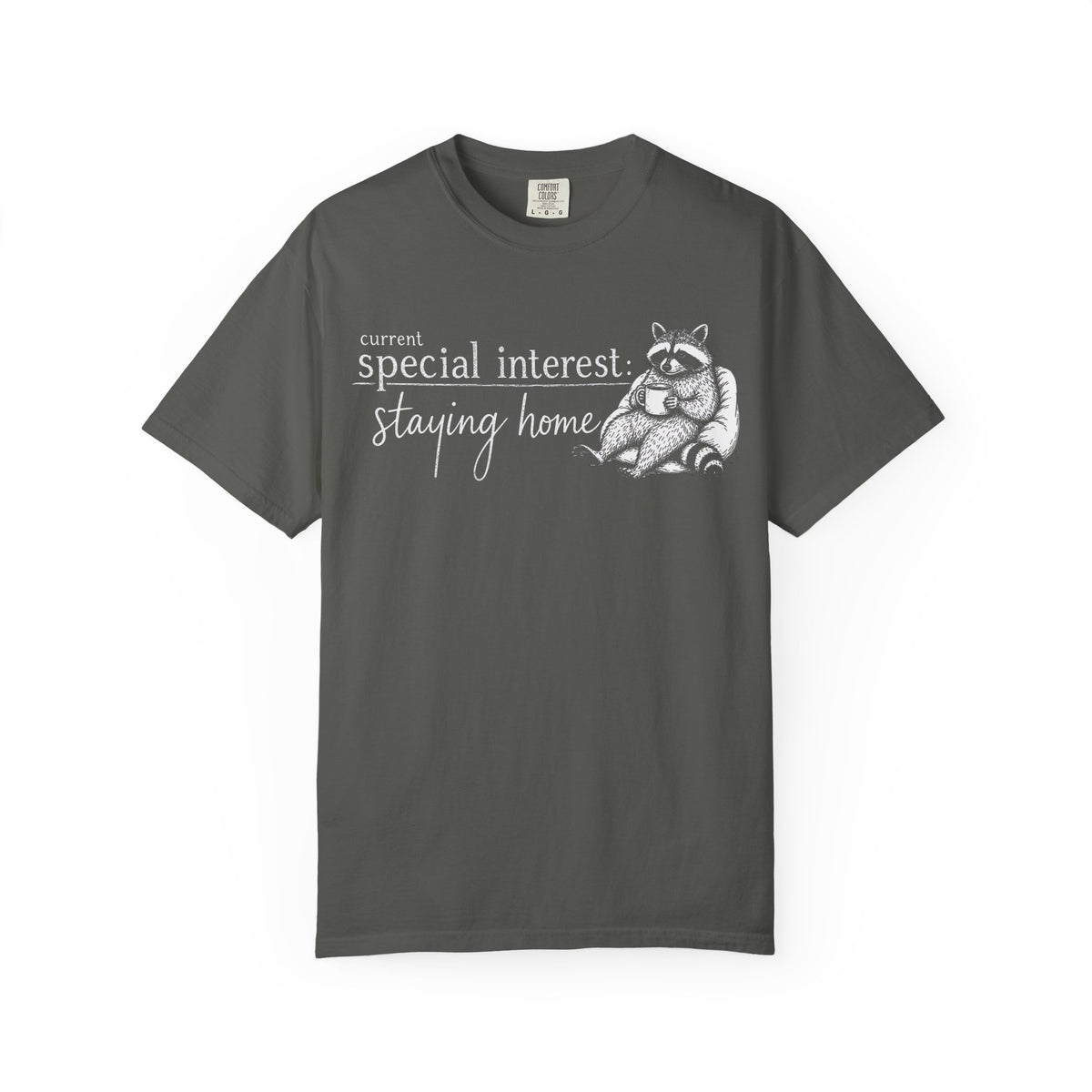 Staying Home Raccoon T-Shirt — "current special interest: staying home" Cozy Graphic Tee