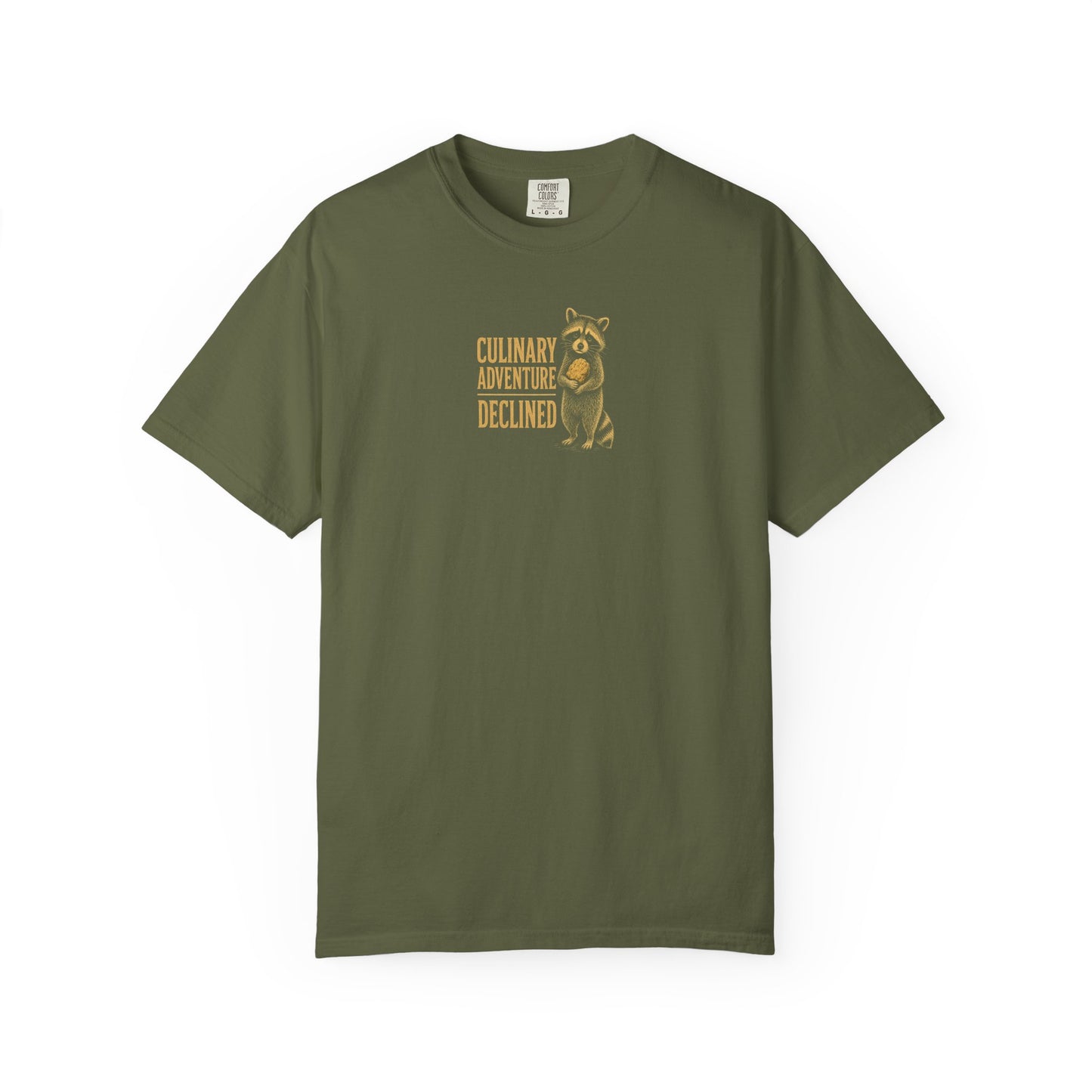 Culinary Adventure Declined T-Shirt — Food Routine Raccoon Graphic Tee