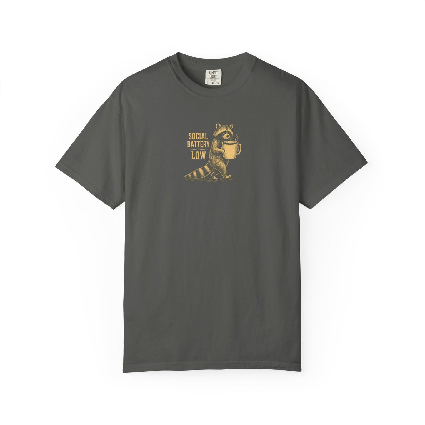"Social Battery Low" Raccoon Coffee Graphic Tee