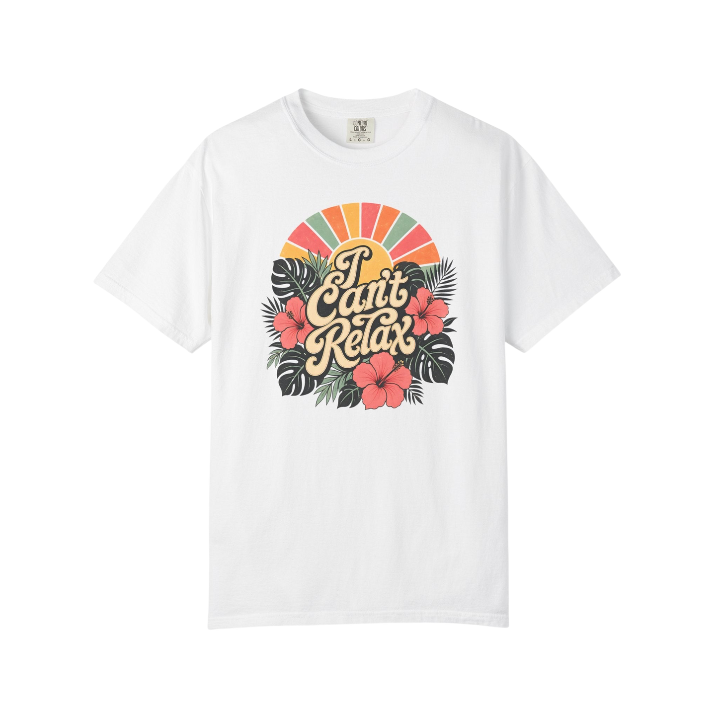 I Can't Relax Retro Floral T-Shirt — ADHD Funny Tropical Sunset Graphic Tee