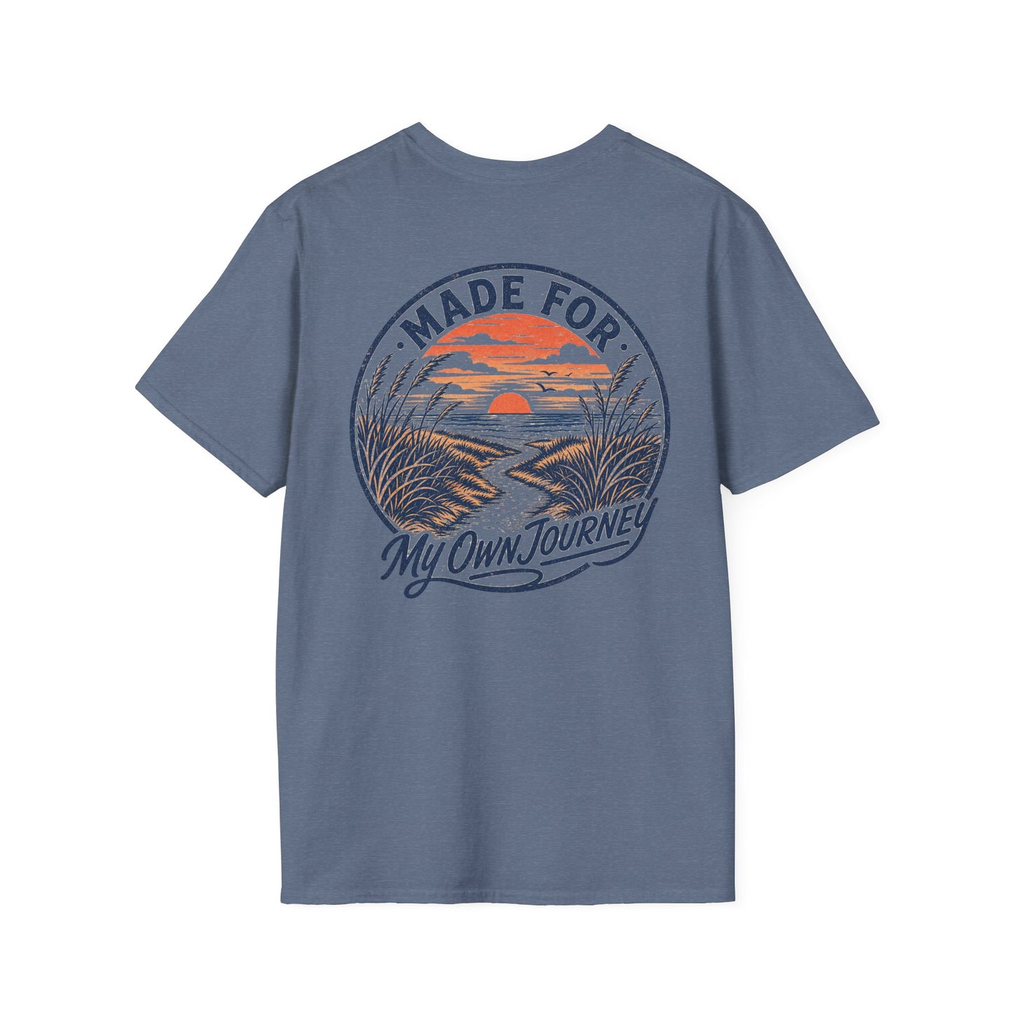 "Made For My Own Journey" beach path leading toward sunset, vintage surf poster style