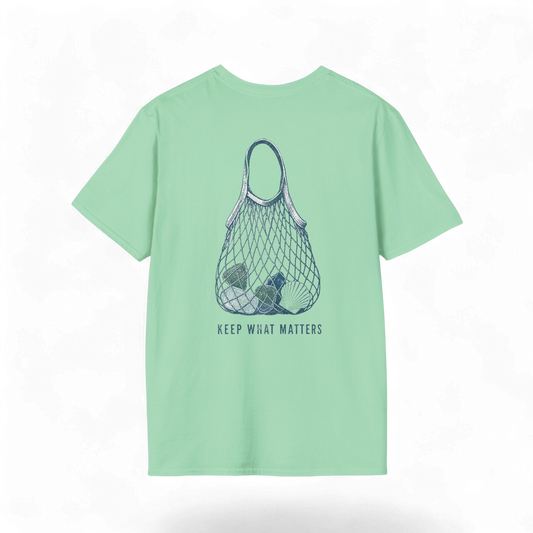 Keep What Matters Coastal Seashell Mesh Tote T-Shirt