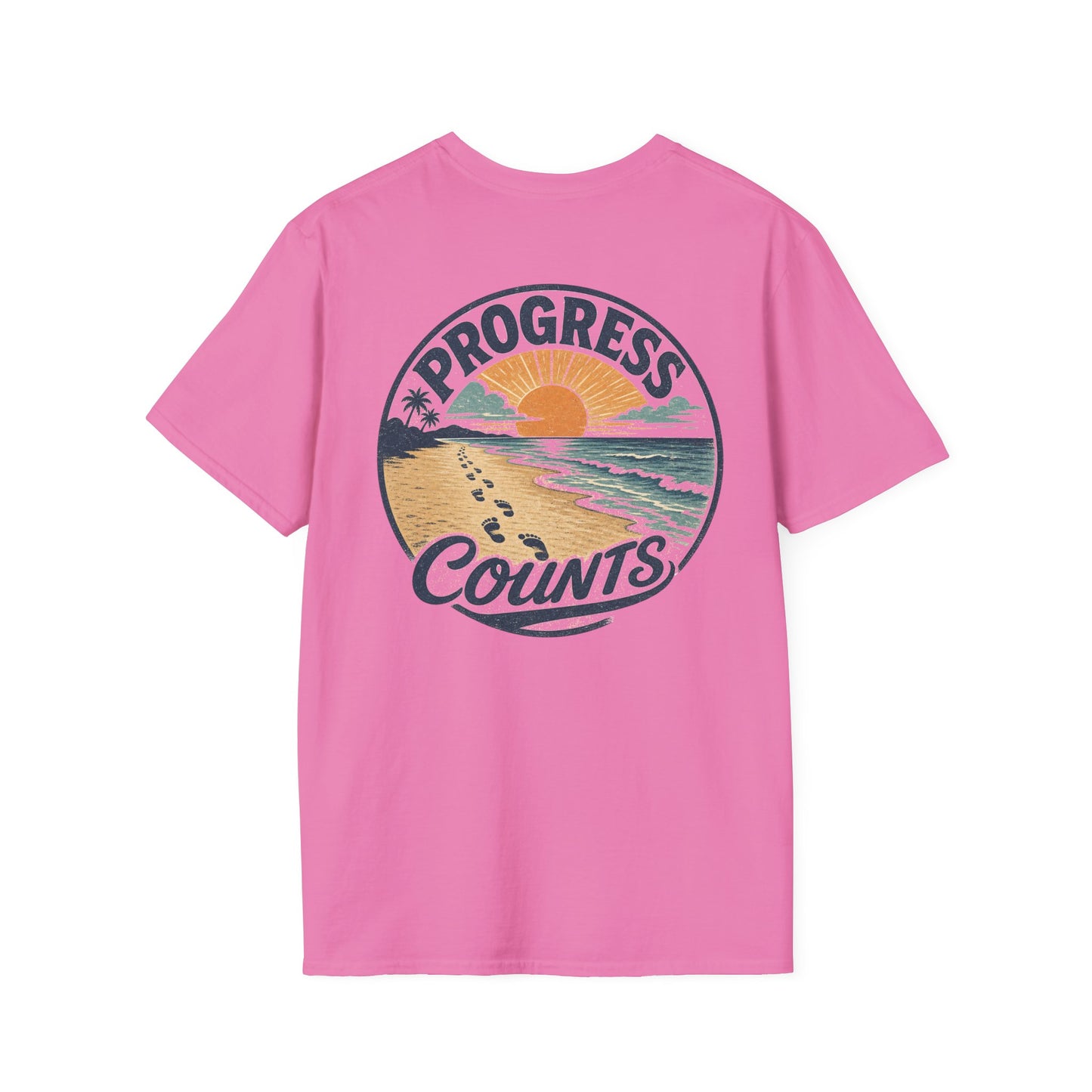 Progress Counts T-Shirt — Vintage Coastal Footprints Sunset