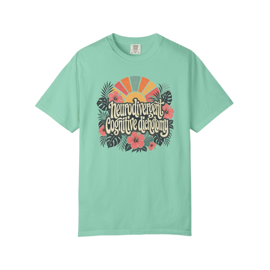Neurodivergent Cognitive Dichotomy T-Shirt — Retro Floral Sunburst Awareness Tee