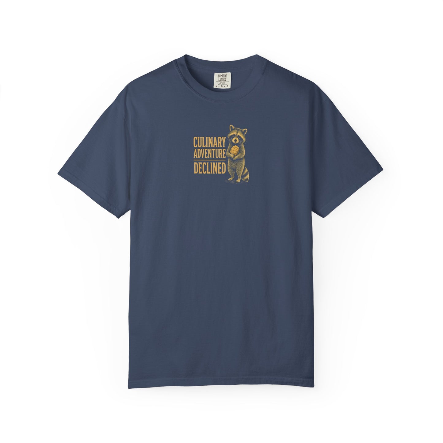 Culinary Adventure Declined T-Shirt — Food Routine Raccoon Graphic Tee