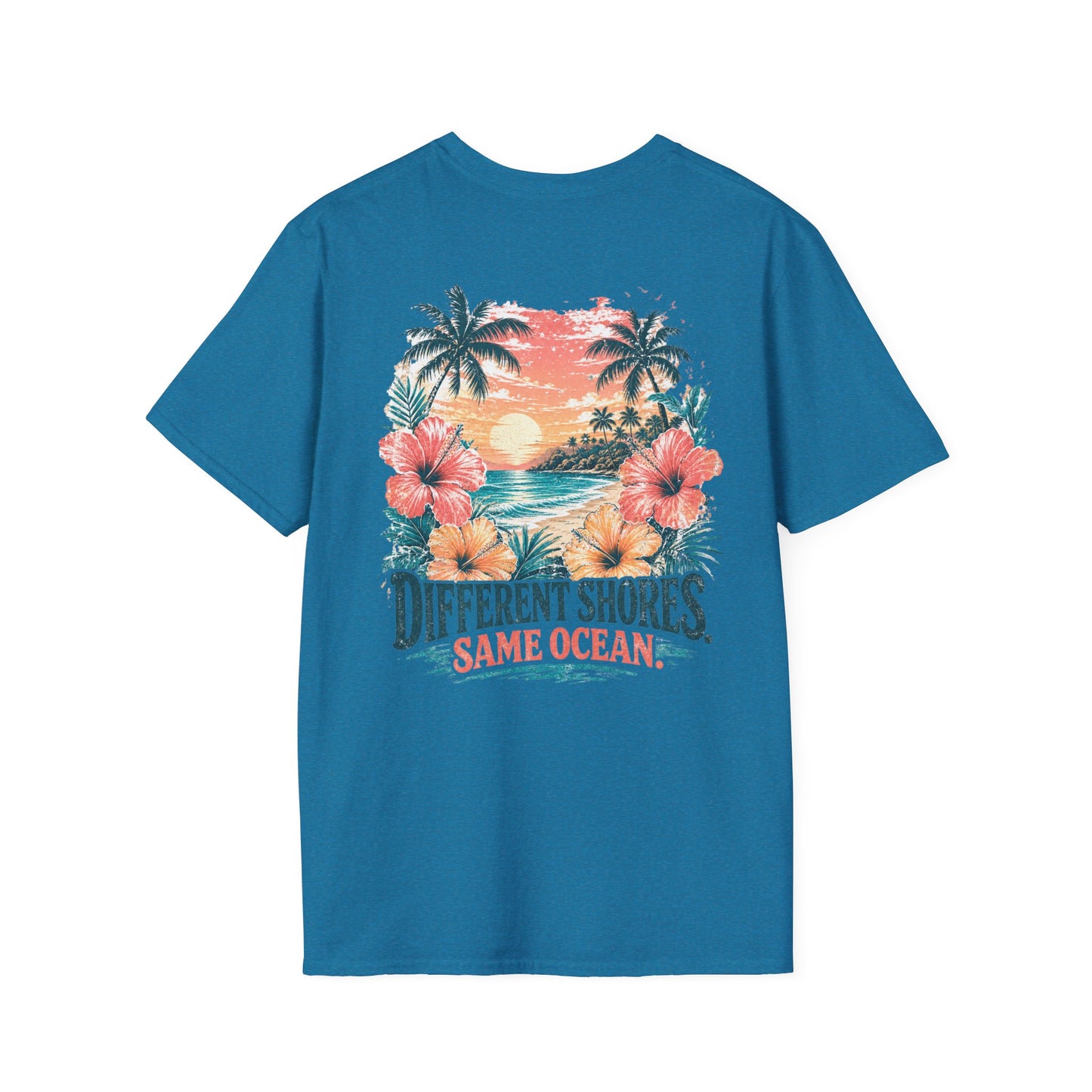 "Different Shores, Same Ocean" Hibiscus Flower Beach Sunset Graphic T-Shirt