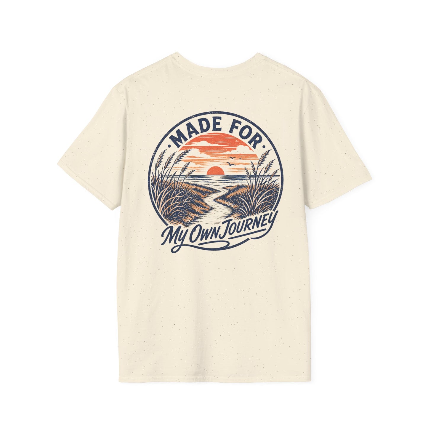 "Made For My Own Journey" beach path leading toward sunset, vintage surf poster style