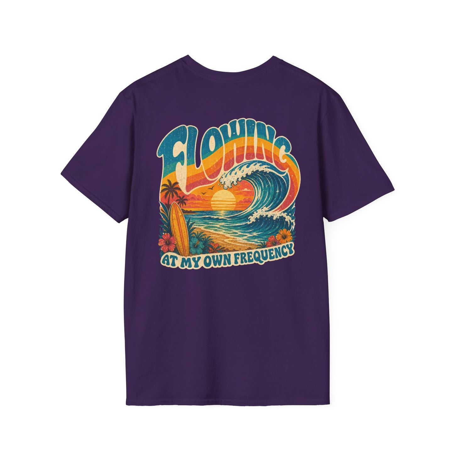 "Flowing At My Own Frequency" Groovy 70s Surfboard Beach Sunset Graphic T-Shirt