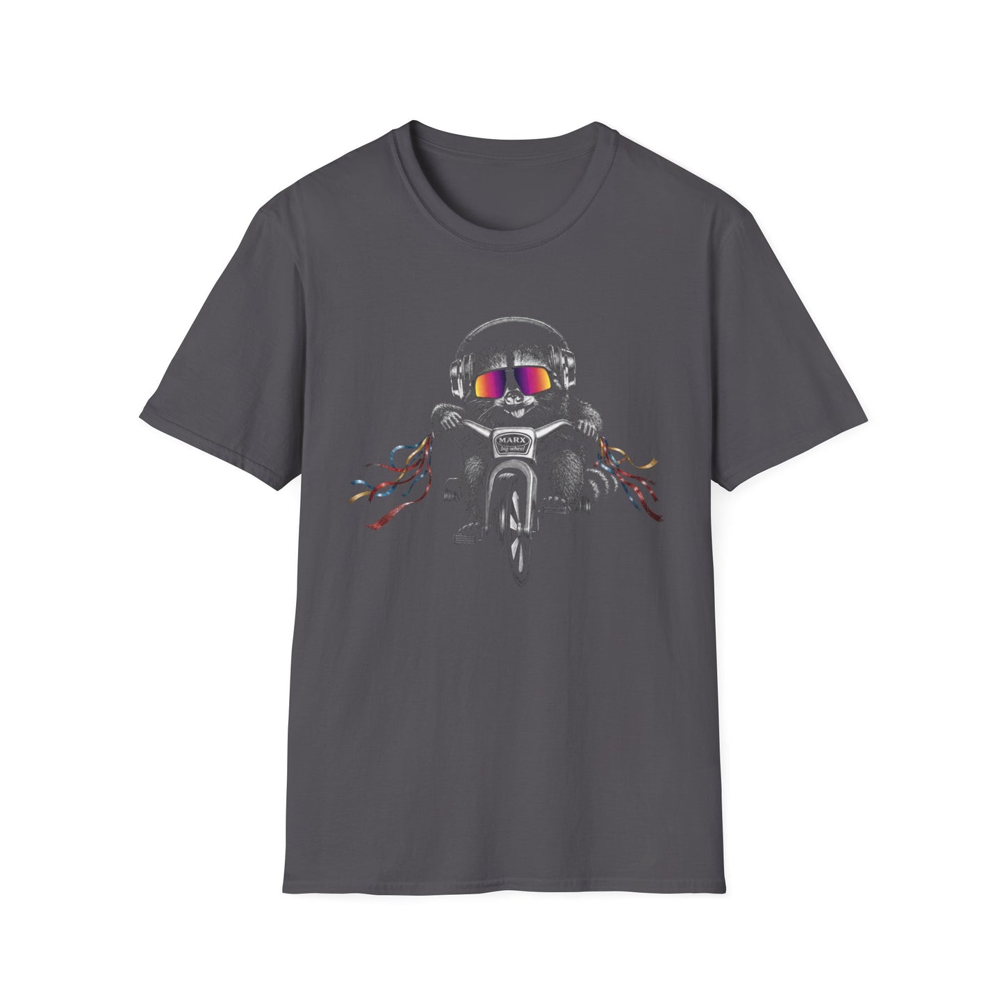 Big Wheel Raccon with Oakleys and Active Noise Canceling (ANC) headphones ‑Shirt — Retro Biker Tee