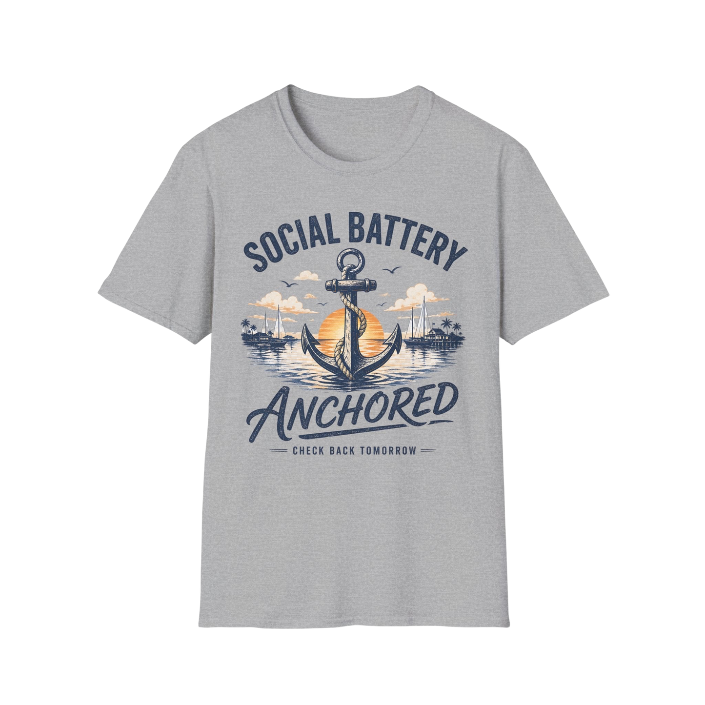 Social Battery Anchored T‑Shirt — Nautical Anchor Retro Sunset Tee
