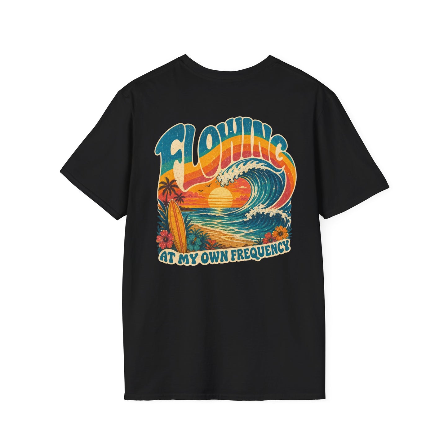 "Flowing At My Own Frequency" Groovy 70s Surfboard Beach Sunset Graphic T-Shirt