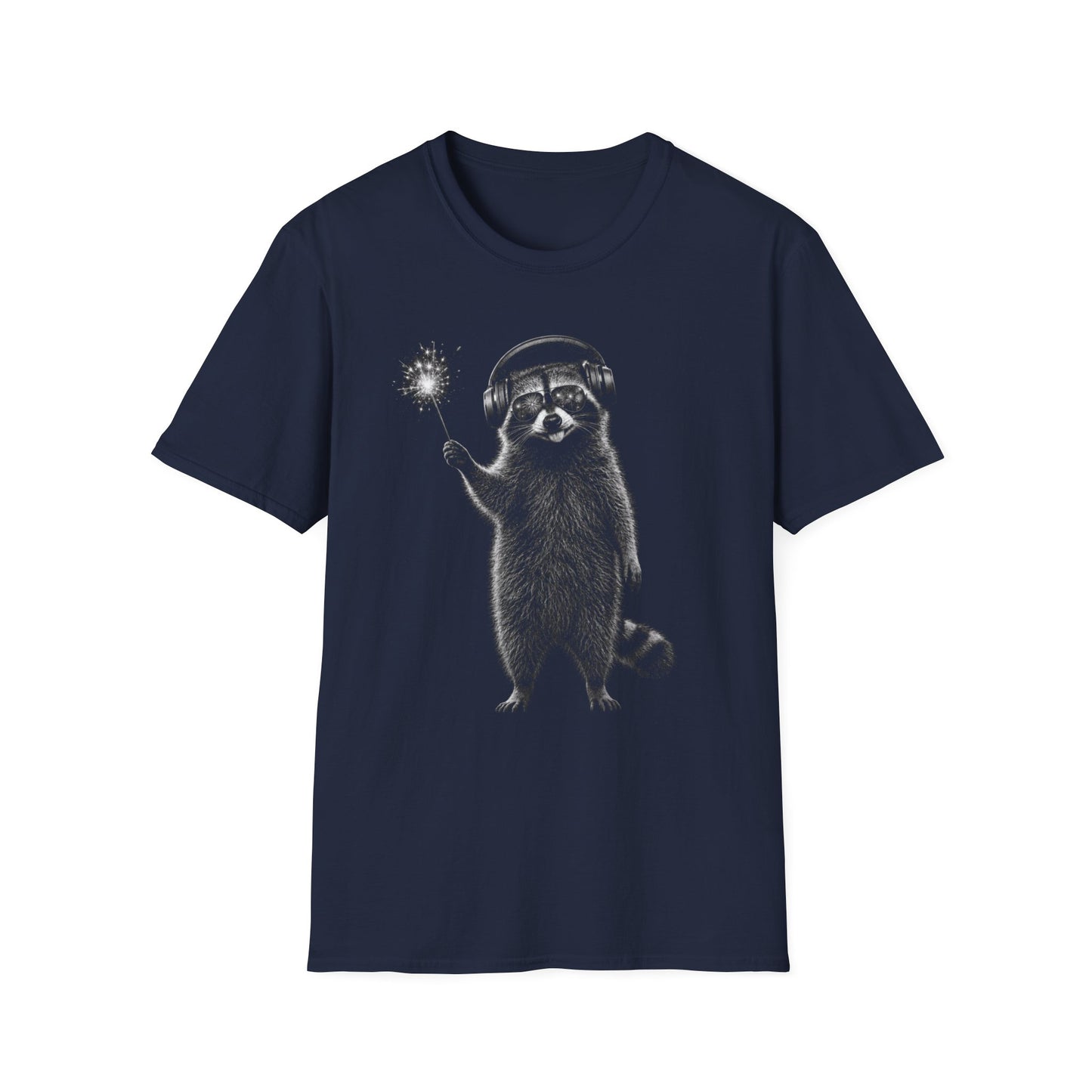 Raccoon with July 4th Sparkler Graphic T-Shirt — Cute Active Noise Canceling (ANC) headphones Raccoon Tee