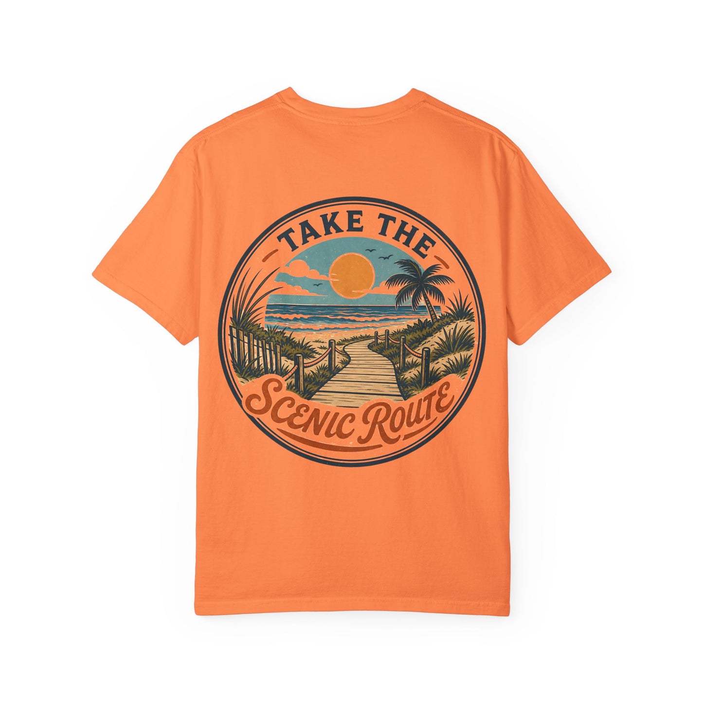 Scenic Route Beach T-Shirt — "Take the Scenic Route" Sunset Boardwalk Tee