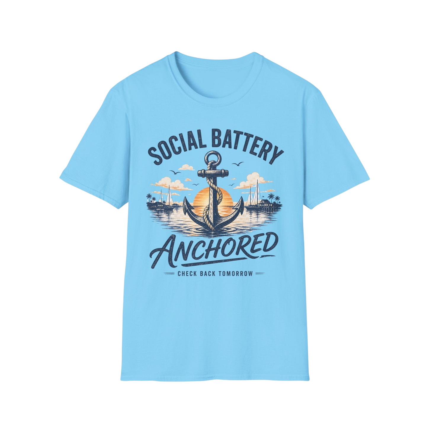 Social Battery Anchored T‑Shirt — Nautical Anchor Retro Sunset Tee
