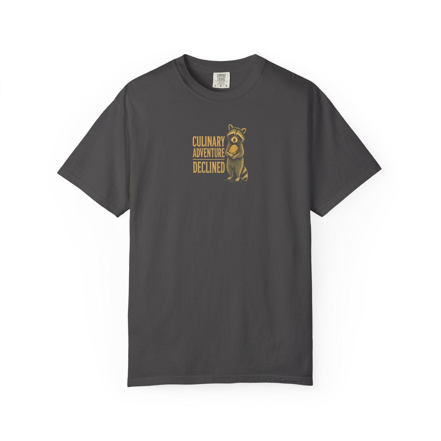 Culinary Adventure Declined T-Shirt — Food Routine Raccoon Graphic Tee