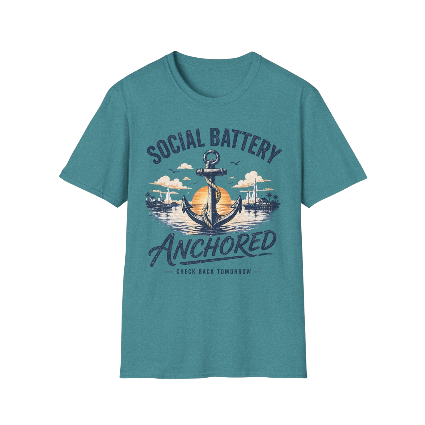 Social Battery Anchored T‑Shirt — Nautical Anchor Retro Sunset Tee