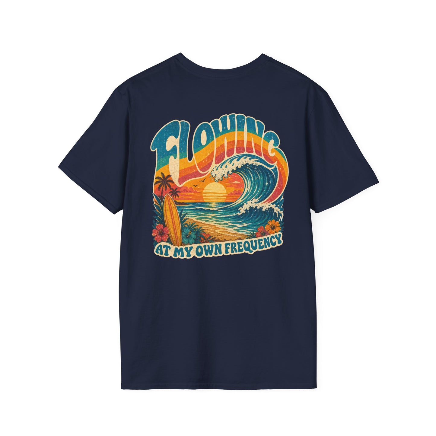 "Flowing At My Own Frequency" Groovy 70s Surfboard Beach Sunset Graphic T-Shirt