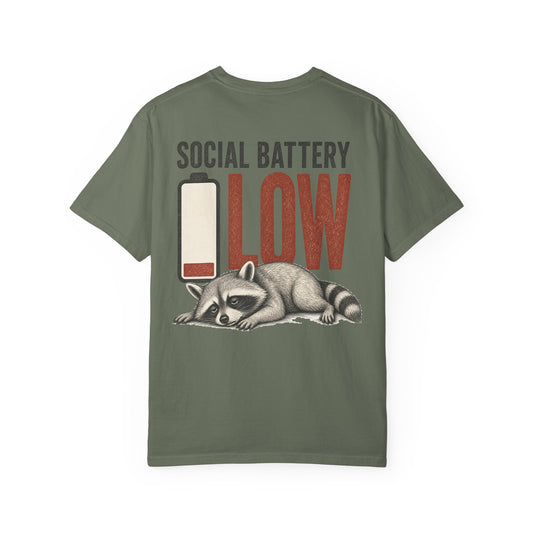 Social Battery Low T-Shirt — Cute Raccoon Graphic Tee BACK PRINT