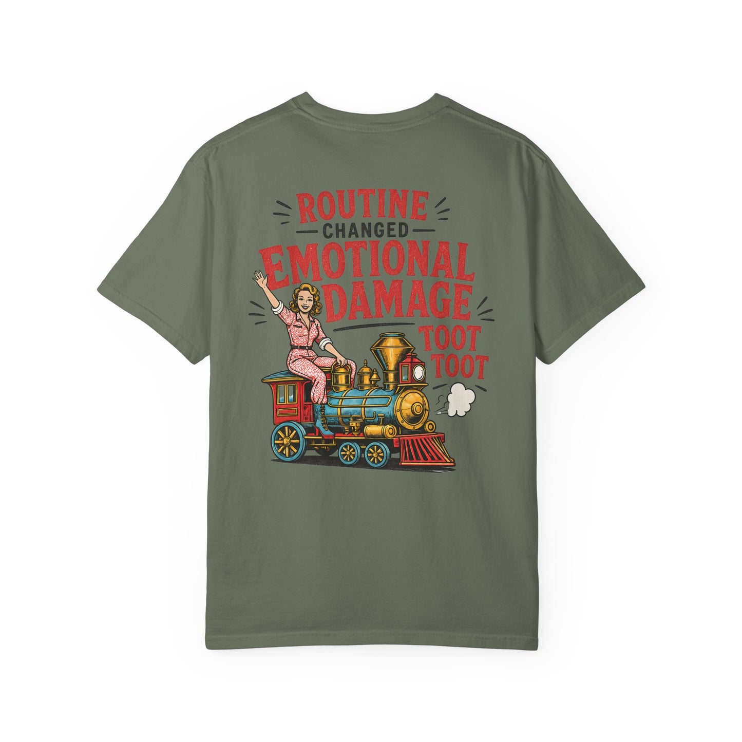 Emotional Damage Train T-Shirt — 'Routine Changed' Vintage Locomotive Graphic BACK PRINT
