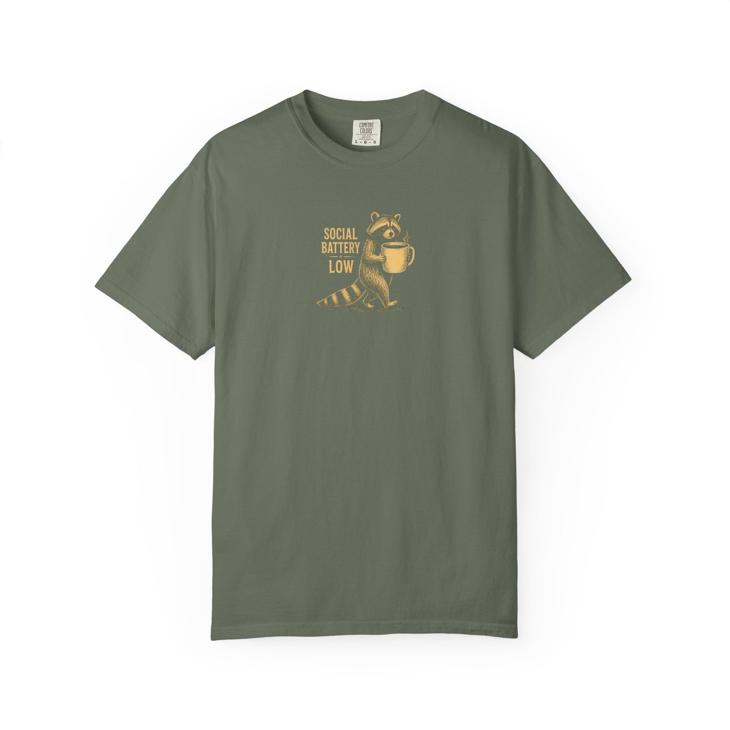 "Social Battery Low" Raccoon Coffee Graphic Tee