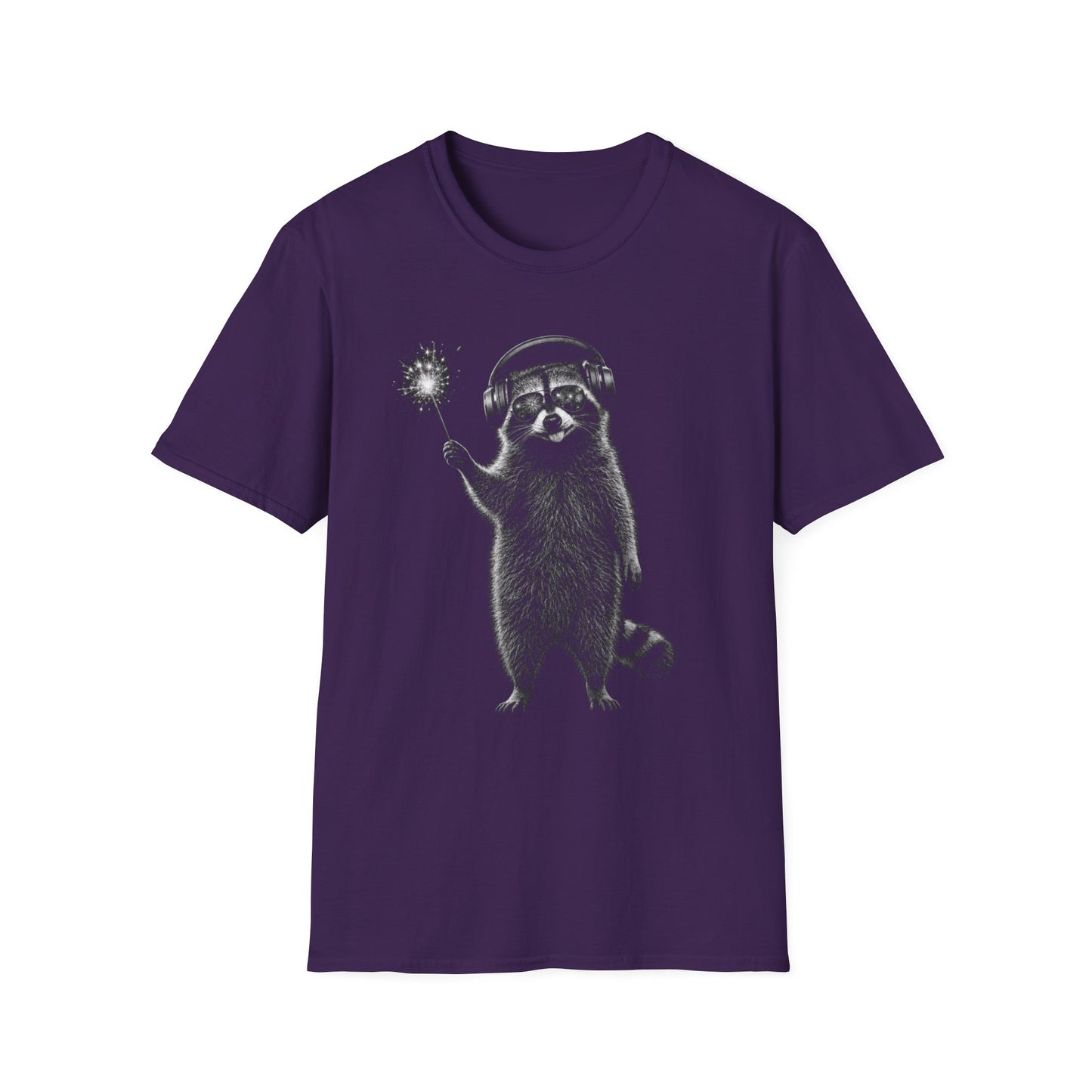 Raccoon with July 4th Sparkler Graphic T-Shirt — Cute Active Noise Canceling (ANC) headphones Raccoon Tee