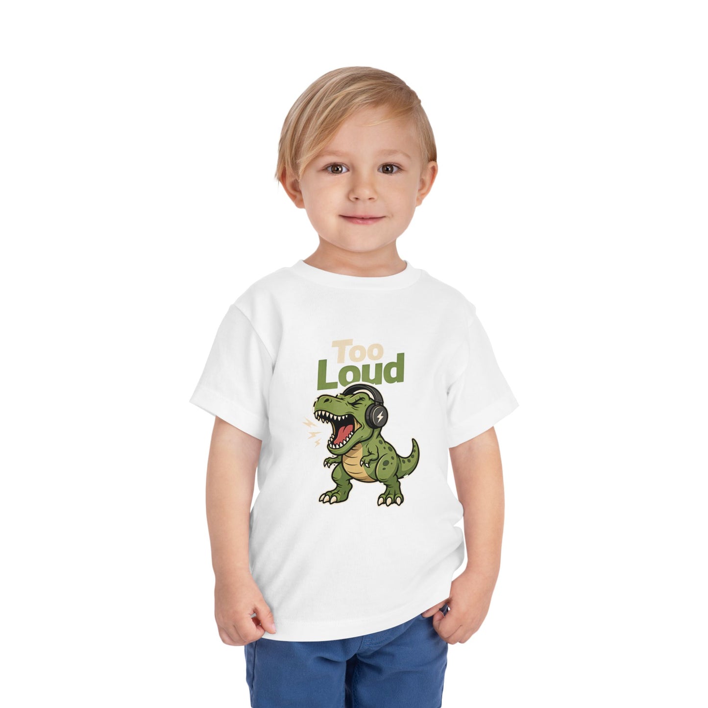 Toddler Tee — 'Too Loud' Headphone T-Rex Graphic Shirt