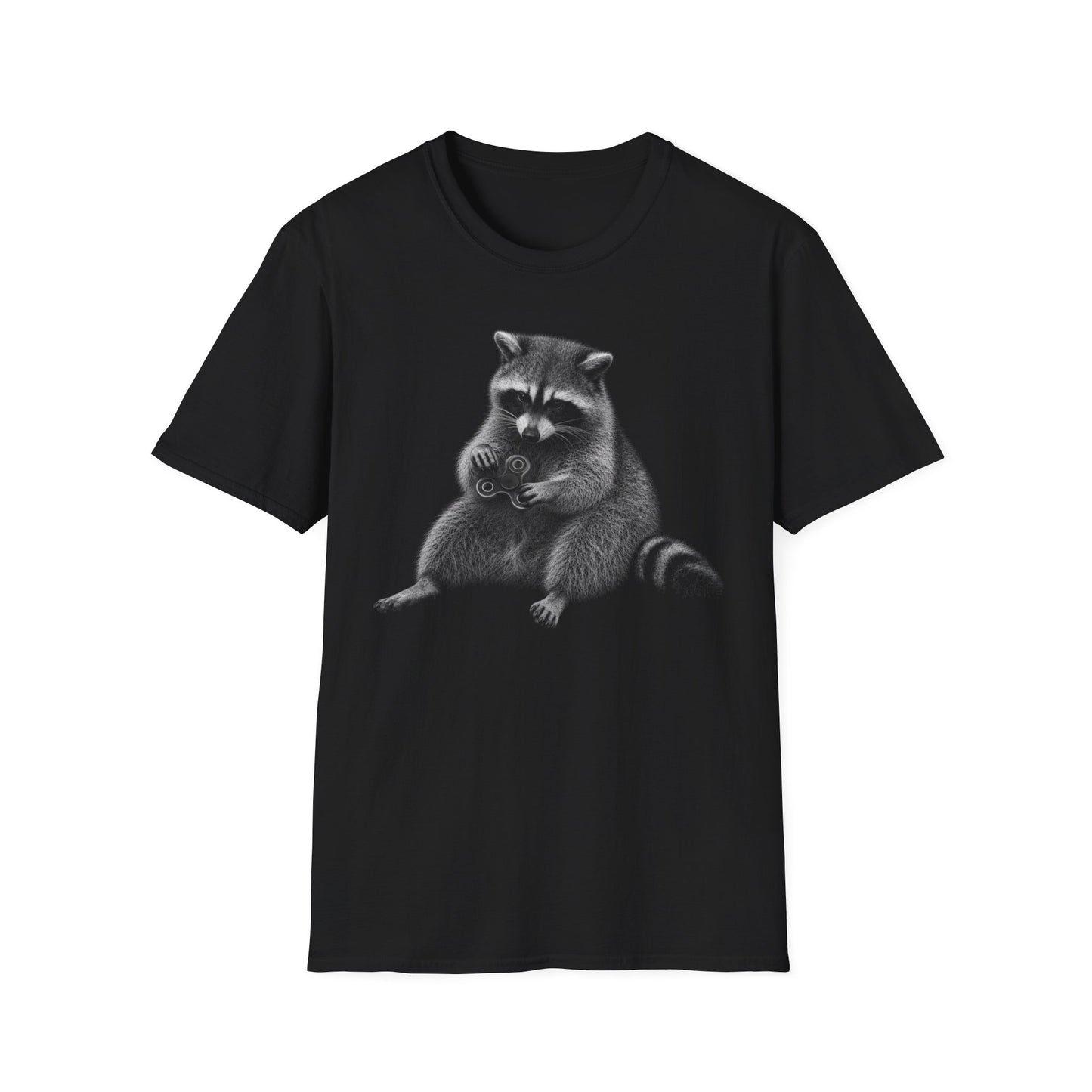 Raccoon Holding Fidget Spinner Graphic T-Shirt — Cute Noir Wildlife Tee