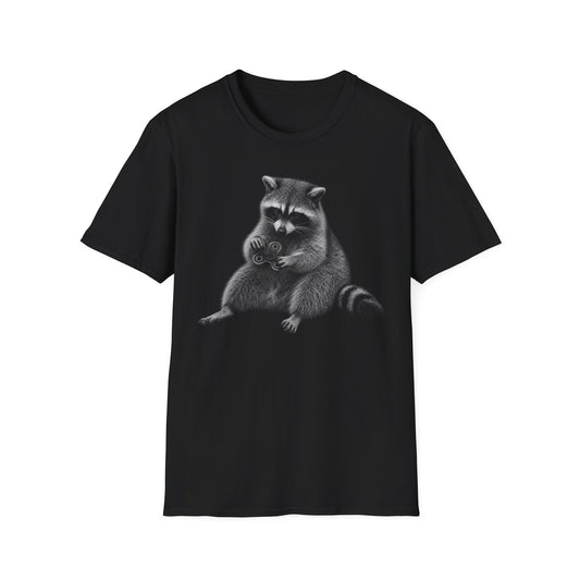 Raccoon Holding Fidget Spinner Graphic T-Shirt — Cute Noir Wildlife Tee