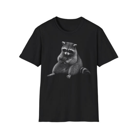 Raccoon Holding Fidget Spinner Graphic T-Shirt — Cute Noir Wildlife Tee