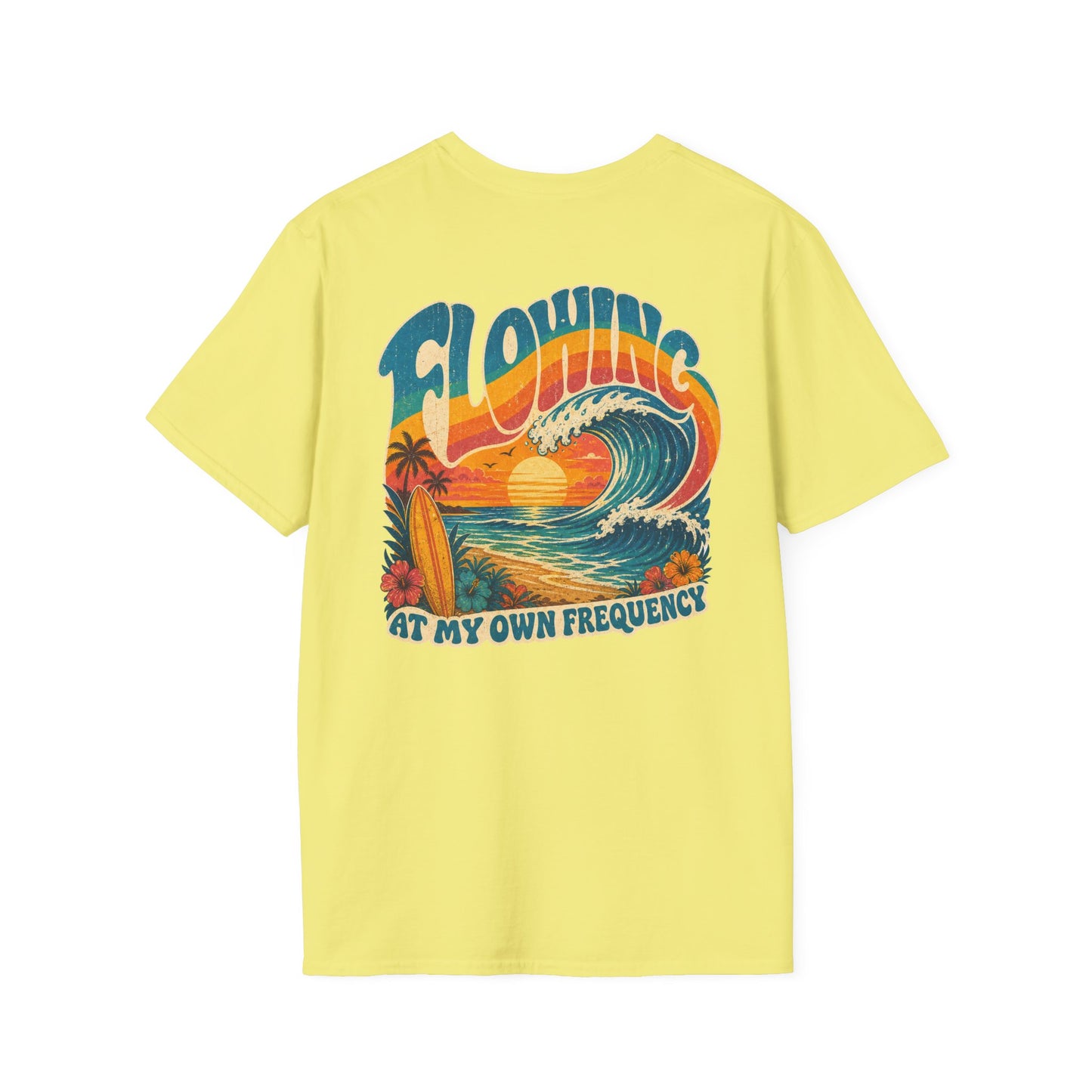 "Flowing At My Own Frequency" Groovy 70s Surfboard Beach Sunset Graphic T-Shirt