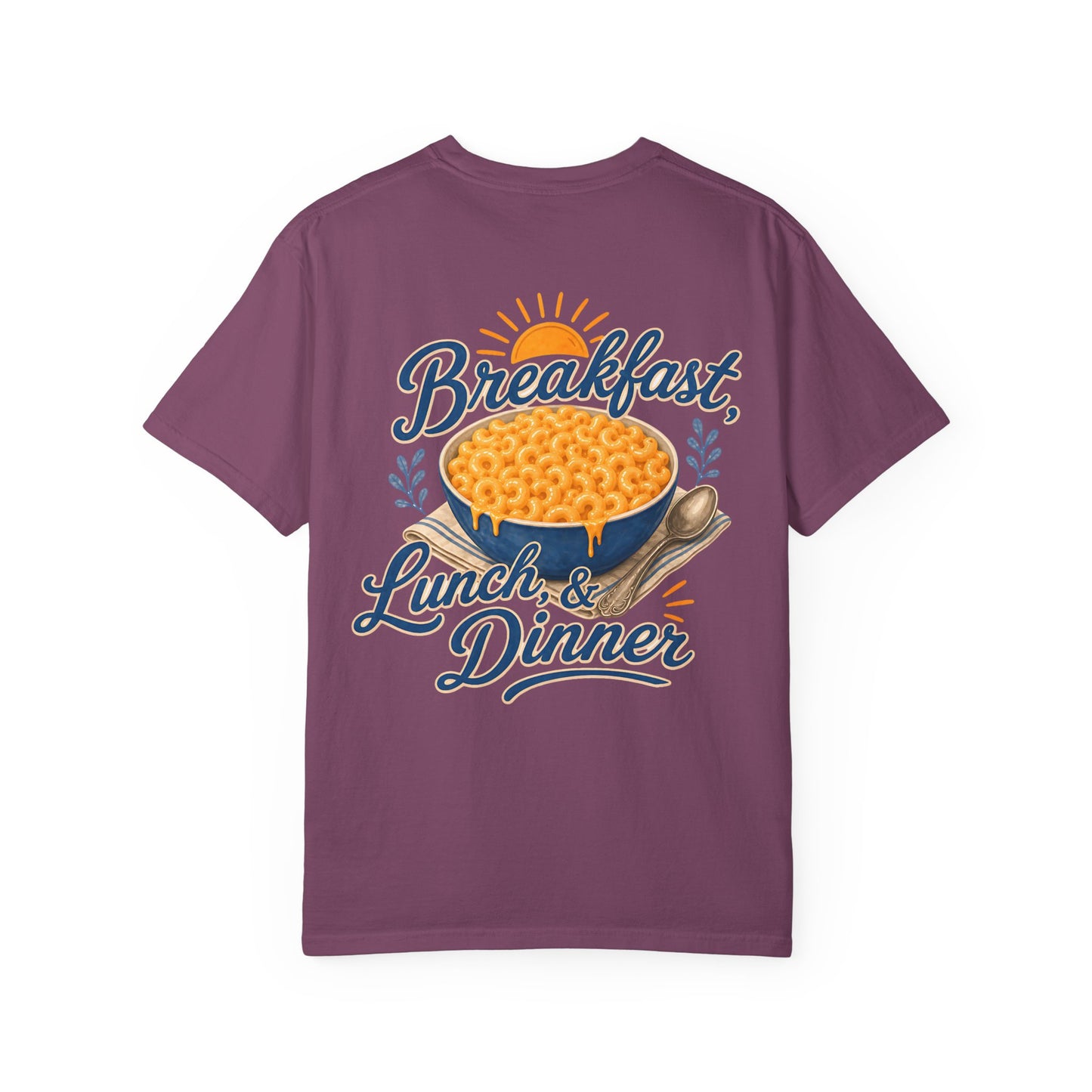 Macaroni and Cheese Lover T-Shirt — “Breakfast, Lunch & Dinner” Graphic Tee Adult BACK PRINT