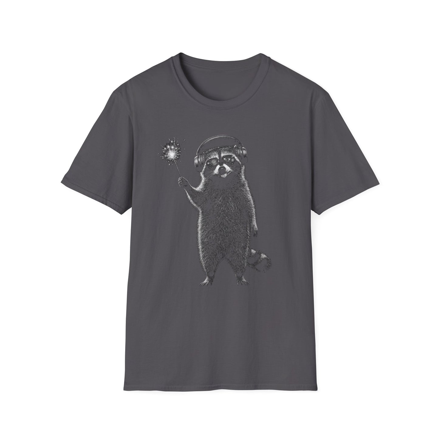 Raccoon with July 4th Sparkler Graphic T-Shirt — Cute Active Noise Canceling (ANC) headphones Raccoon Tee