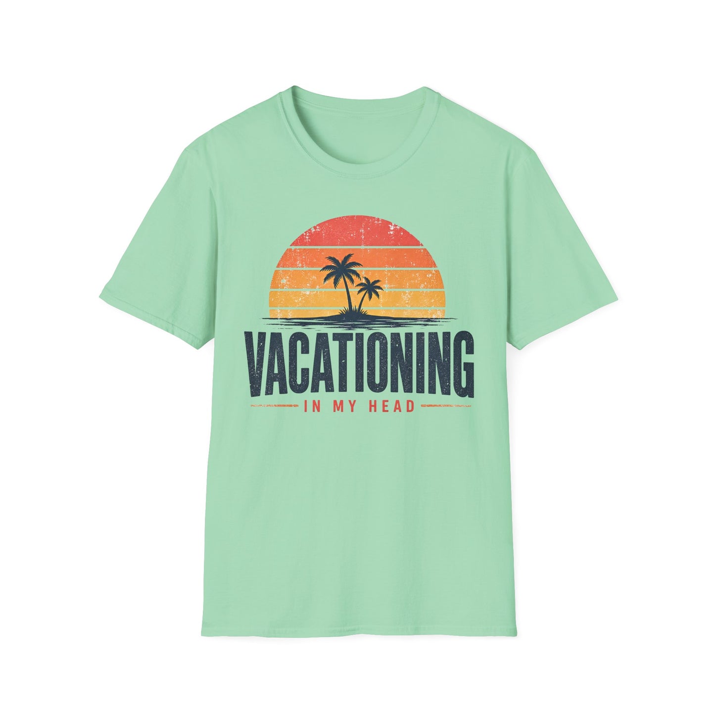 Vacationing T-Shirt — Retro Palm Sunset "Vacationing in My Head" Tee