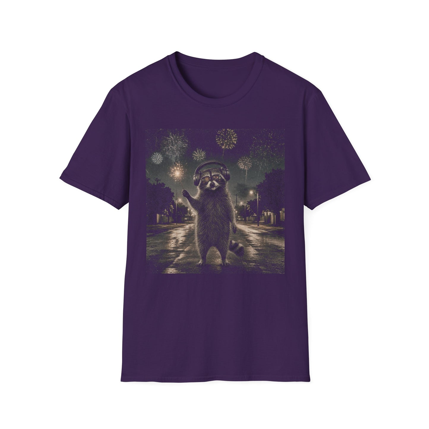 Raccoon Fireworks Tee — Night Sky Neurodivergent Auditory sensitivity Raccoon Party Animal T-Shirt