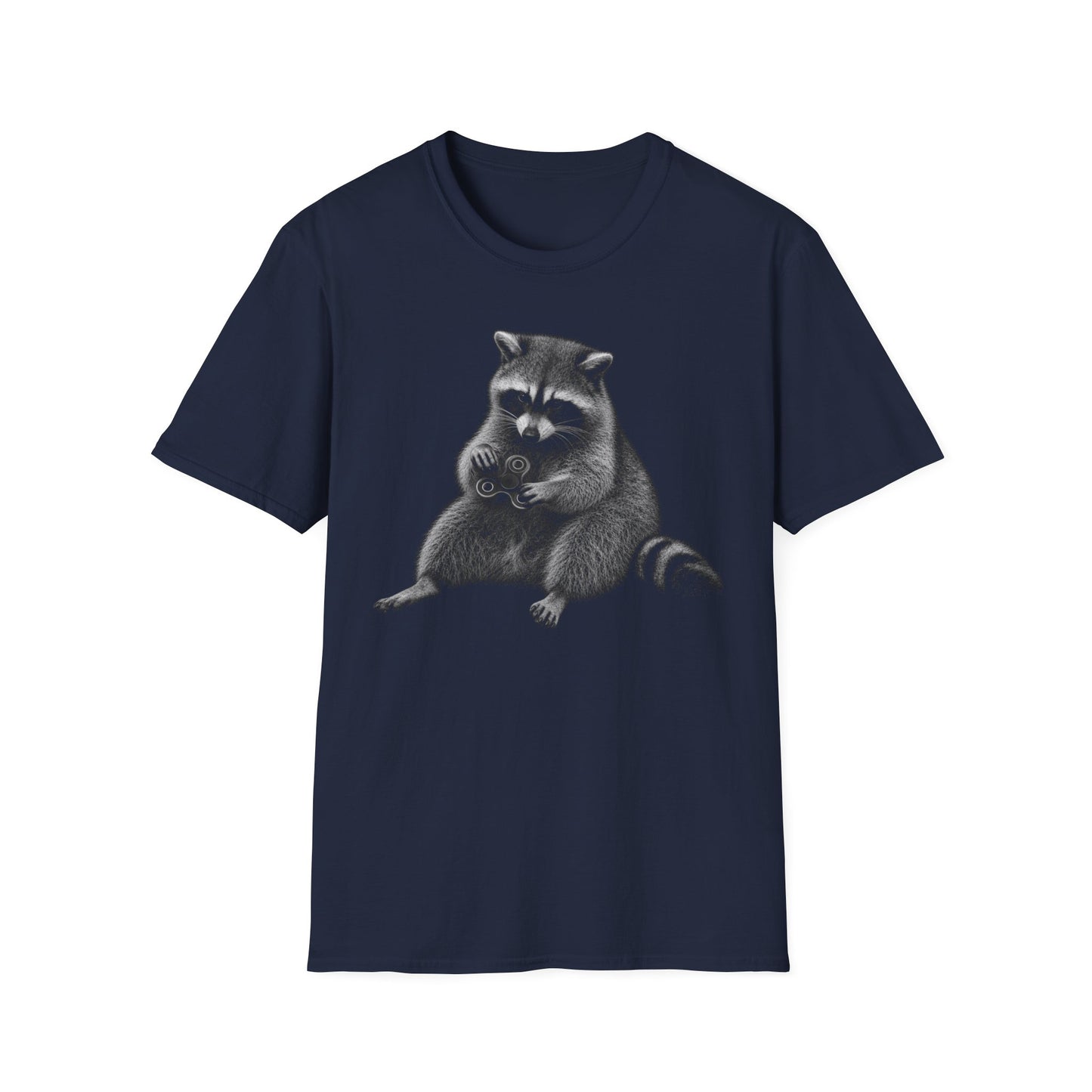 Raccoon Holding Fidget Spinner Graphic T-Shirt — Cute Noir Wildlife Tee
