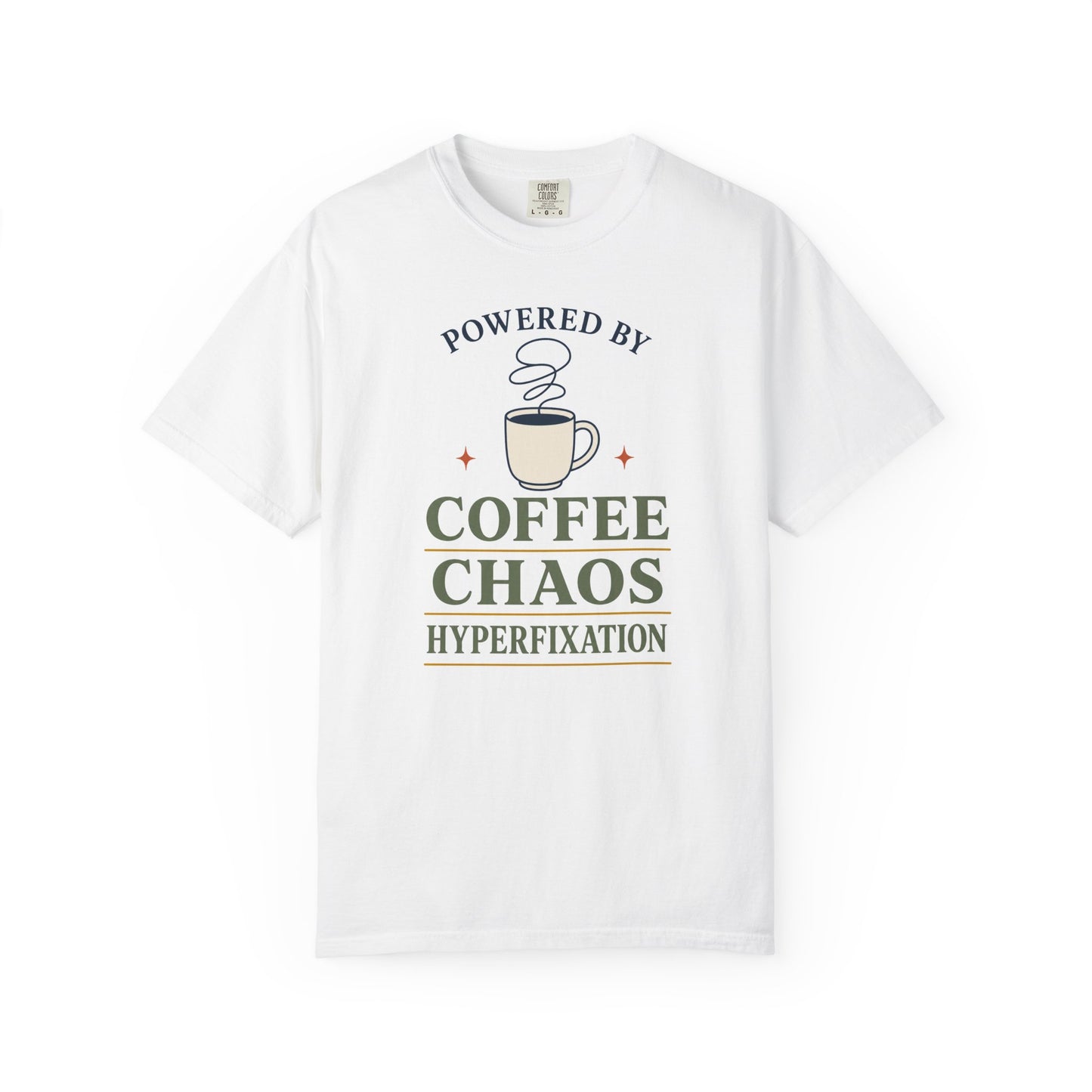 “Powered by Coffee Chaos” Coffee Chaos T-Shirt — Graphic Tee for Coffee Lovers