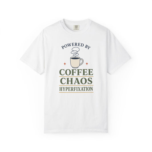 “Powered by Coffee Chaos” Coffee Chaos T-Shirt — Graphic Tee for Coffee Lovers