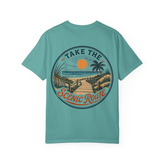 Scenic Route Beach T-Shirt — "Take the Scenic Route" Sunset Boardwalk Tee