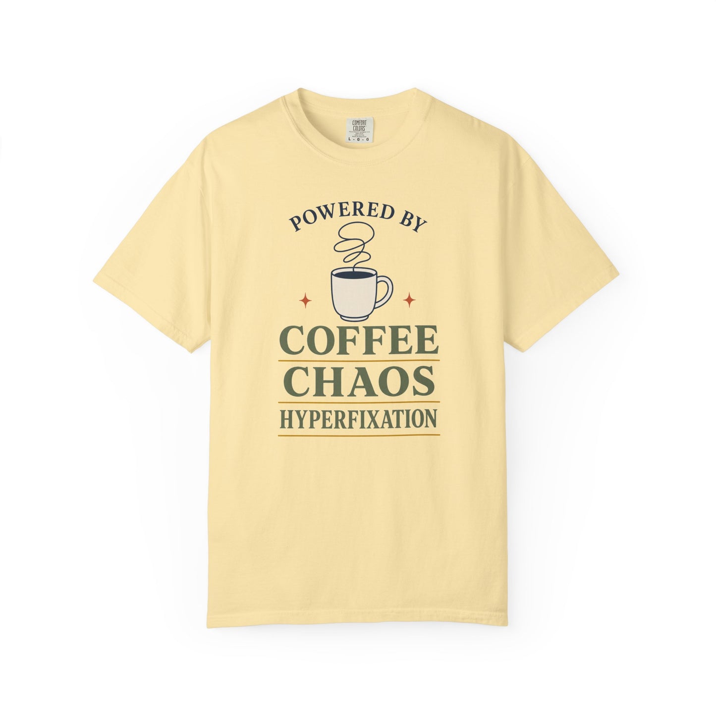 “Powered by Coffee Chaos” Coffee Chaos T-Shirt — Graphic Tee for Coffee Lovers
