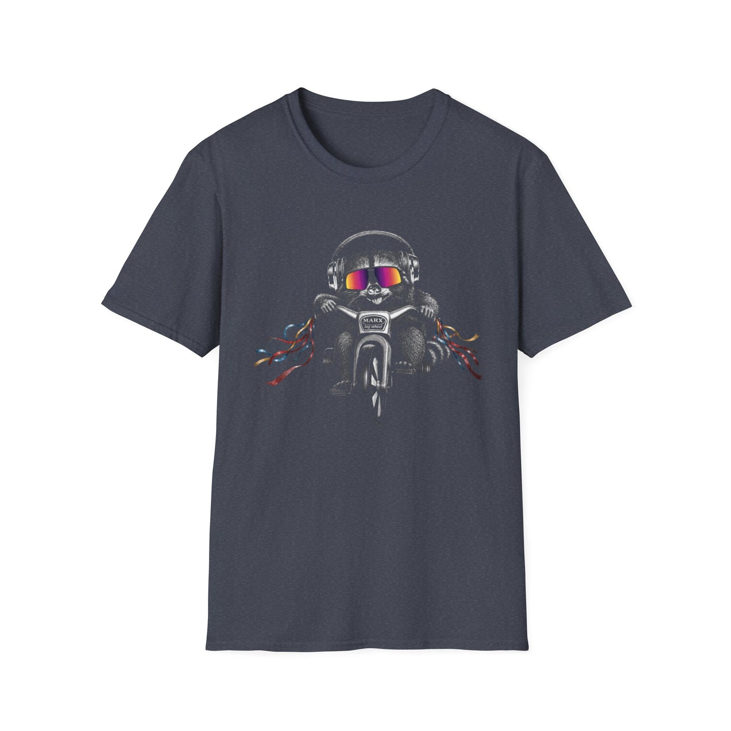 Big Wheel Raccon with Oakleys and Active Noise Canceling (ANC) headphones ‑Shirt — Retro Biker Tee