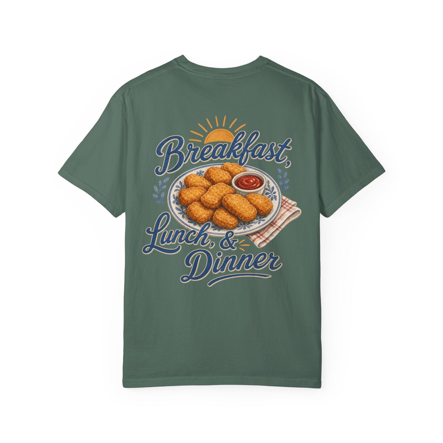 Chicken Nugget T-Shirt — “Breakfast, Lunch & Dinner” Retro Food Graphic Tee Adult BACK PRINT