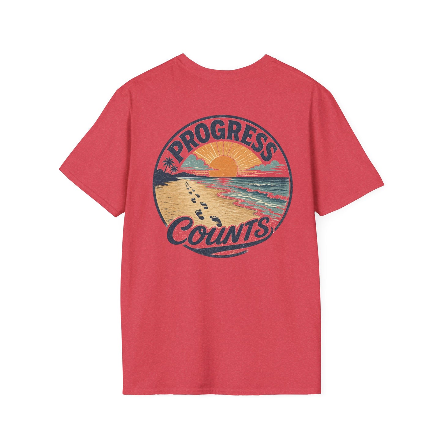 Progress Counts T-Shirt — Vintage Coastal Footprints Sunset