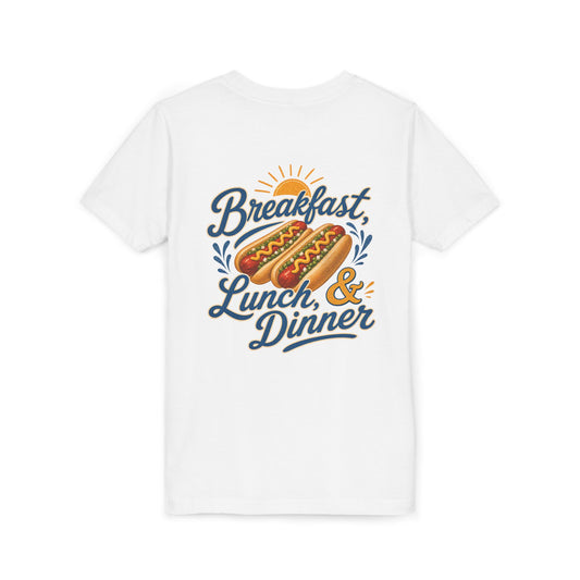 “Breakfast, Lunch & Dinner” Hot Dog Graphic Tee Youth BACK PRINT —