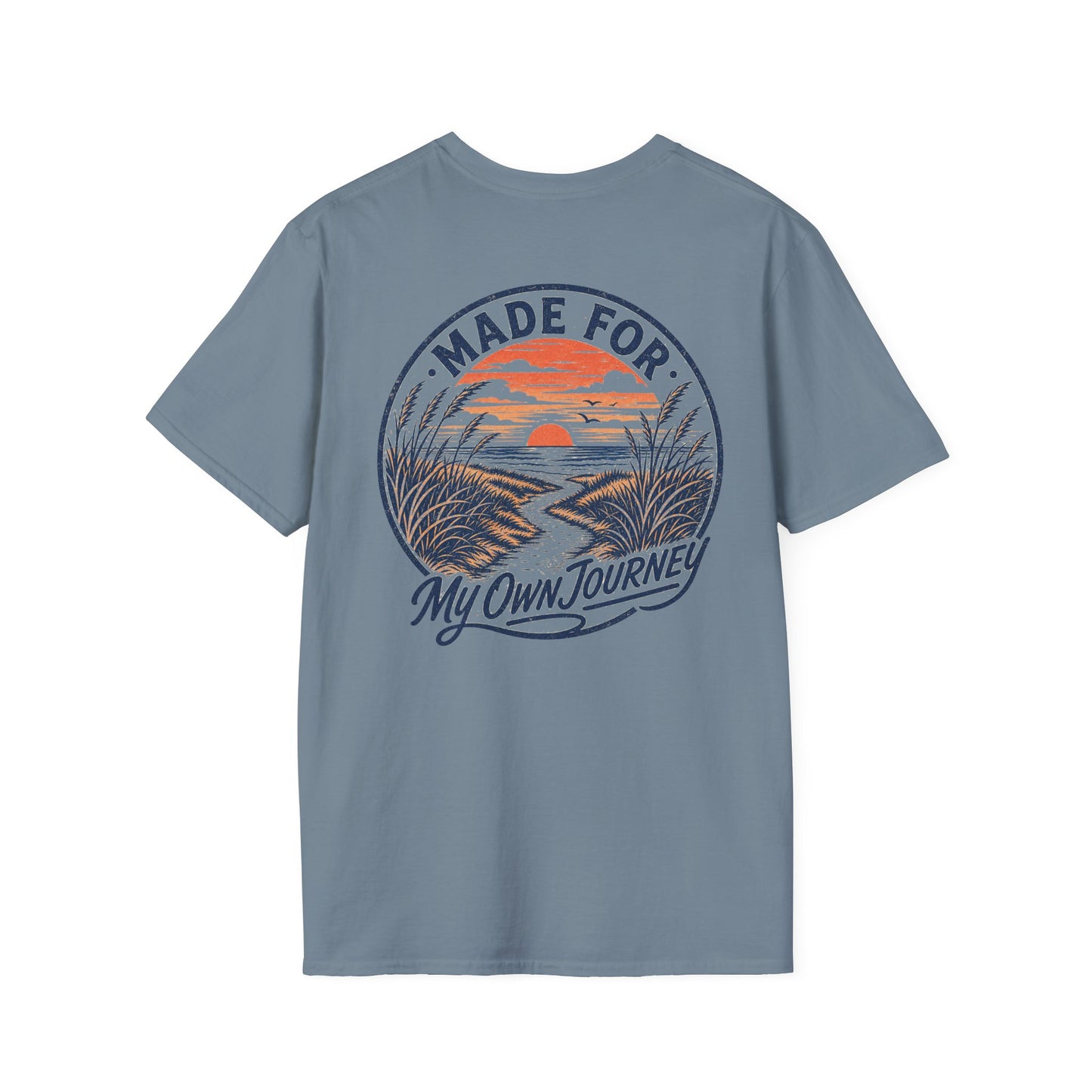 "Made For My Own Journey" beach path leading toward sunset, vintage surf poster style