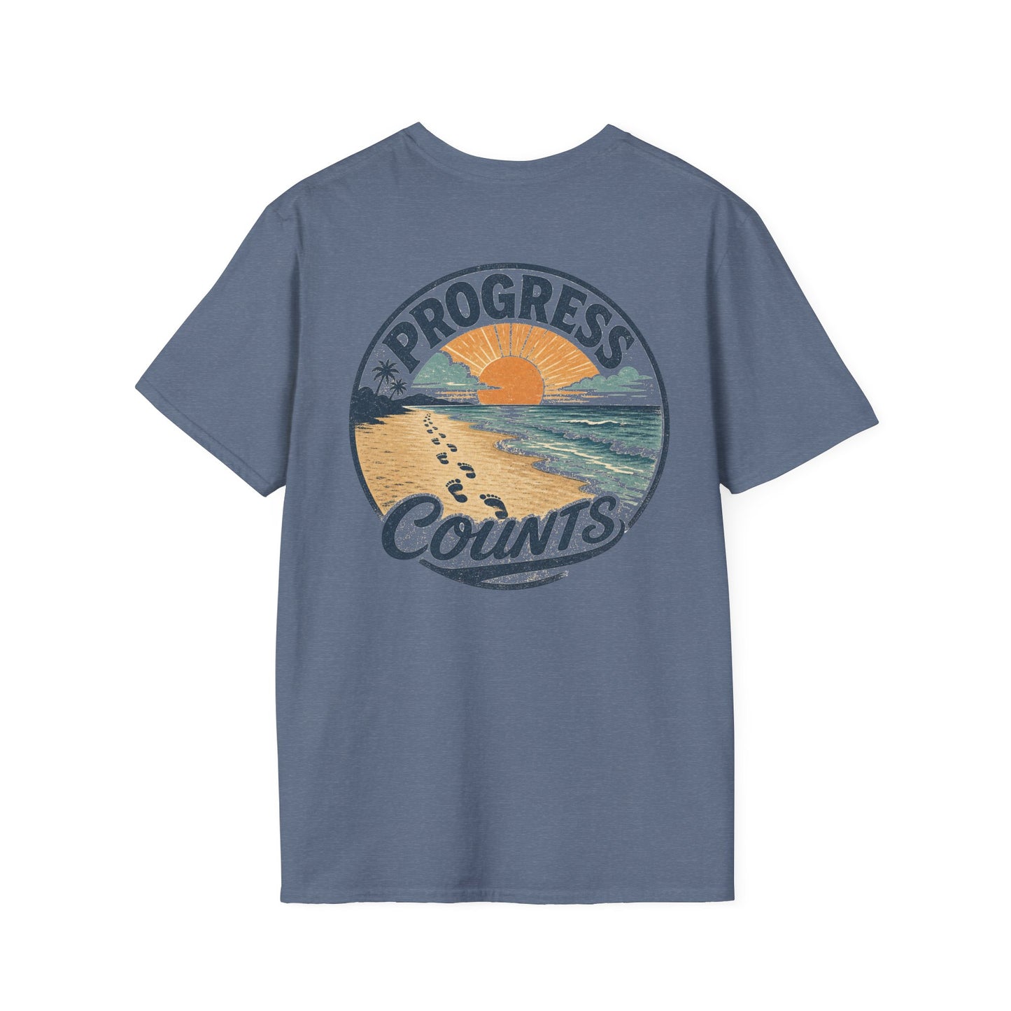 Progress Counts T-Shirt — Vintage Coastal Footprints Sunset