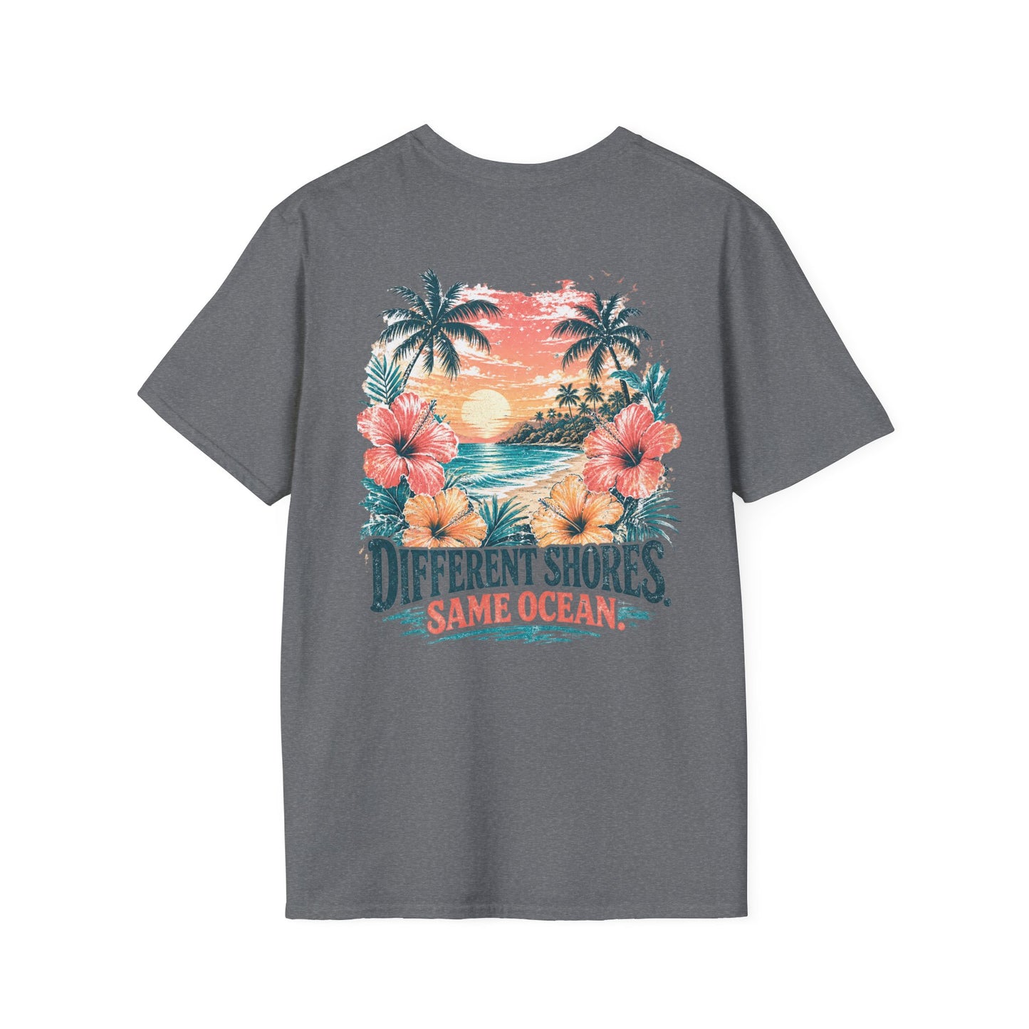 "Different Shores, Same Ocean" Hibiscus Flower Beach Sunset Graphic T-Shirt
